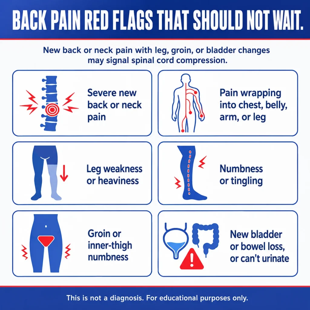 Advanced Cancer Complications: Urgent Symptoms That Should Not Wait 2 Spinal cord compression warning signs, including severe new back or neck pain, radiating pain, leg weakness, numbness or tingling, groin numbness, and loss of bladder or bowel control.