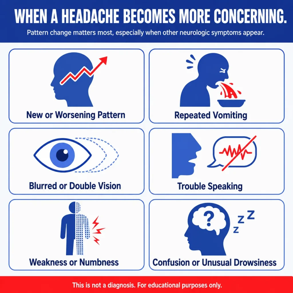 Brain Tumor Symptoms: Headache, Seizures, Vision Changes, and Neurologic Red Flags 2 Concerning headache and brain tumor symptoms, including a new or worsening headache pattern, repeated vomiting, blurred or double vision, trouble speaking, weakness or numbness, confusion, and unusual drowsiness.
