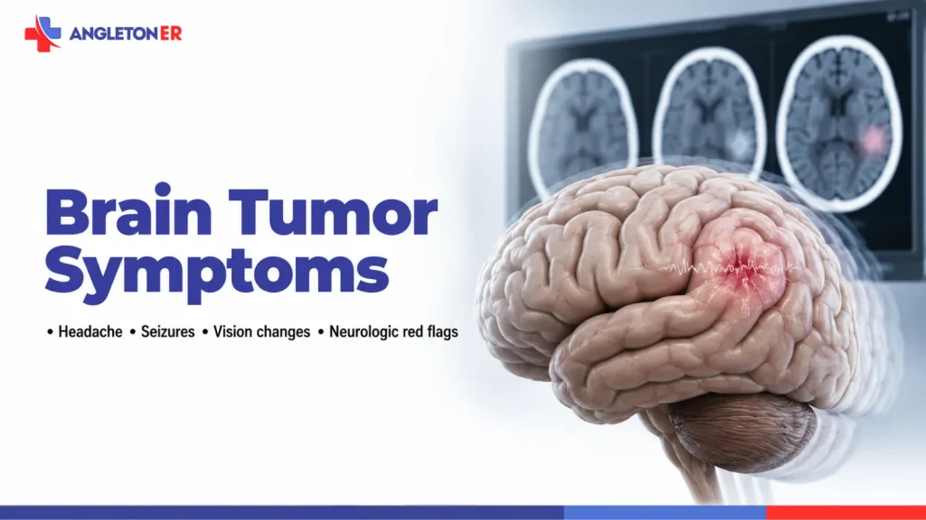 Brain Tumor Symptoms: Headache, Seizures, Vision Changes, and Neurologic Red Flags 7 Brain tumor symptoms featured image showing a highlighted brain lesion and medical scans, with headache, seizures, vision changes, and neurologic warning signs.