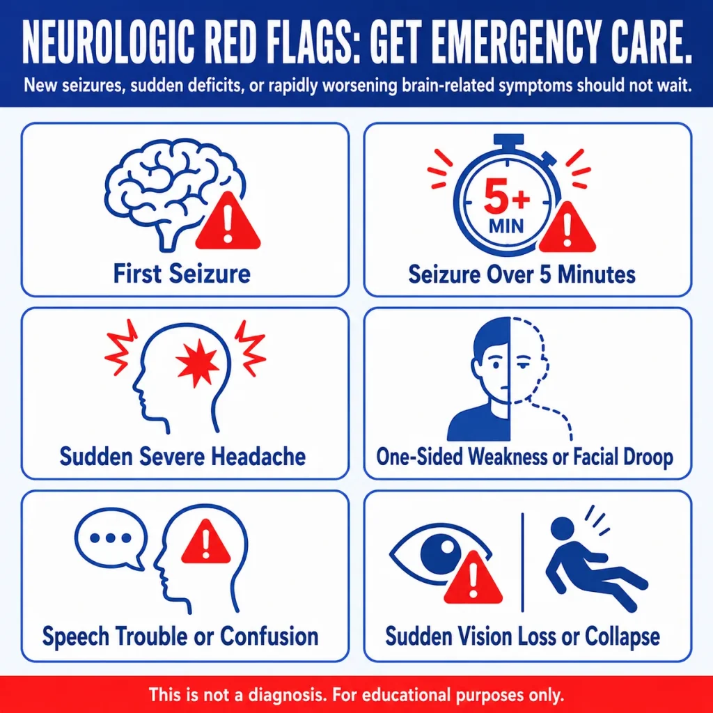 Brain Tumor Symptoms: Headache, Seizures, Vision Changes, and Neurologic Red Flags 3 Neurologic emergency warning signs, including a first seizure, seizure lasting over five minutes, sudden severe headache, one-sided weakness or facial droop, speech trouble, confusion, sudden vision loss, and collapse.