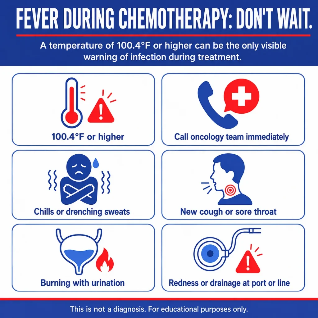 Chemotherapy Side Effects That Need Emergency Care: Fever, Dehydration, Bleeding, and Breathing Trouble 2 Chemotherapy infection warning signs, including a fever of 100.4°F or higher, chills, drenching sweats, a new cough or sore throat, burning urination, and redness or drainage around a port or line.