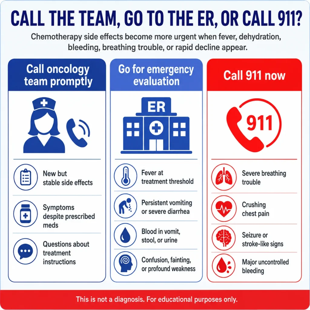 Chemotherapy Side Effects That Need Emergency Care: Fever, Dehydration, Bleeding, and Breathing Trouble 3 Chemotherapy side effect emergency guide explaining when to call the oncology team, seek ER evaluation, or call 911 for fever, vomiting, bleeding, confusion, breathing difficulty, chest pain, seizures, or stroke-like symptoms.