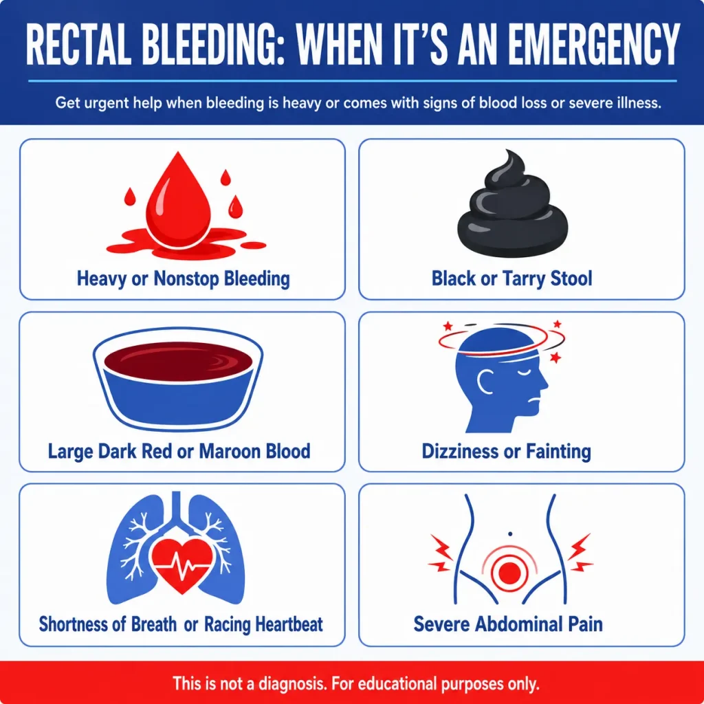 Colon Cancer Symptoms and Stool Changes: Blood in Stool, Rectal Bleeding, and When to Seek Care 3 Emergency signs of rectal bleeding, including heavy bleeding, black or tarry stool, dark red blood, dizziness, fainting, shortness of breath, rapid heartbeat, and severe abdominal pain.