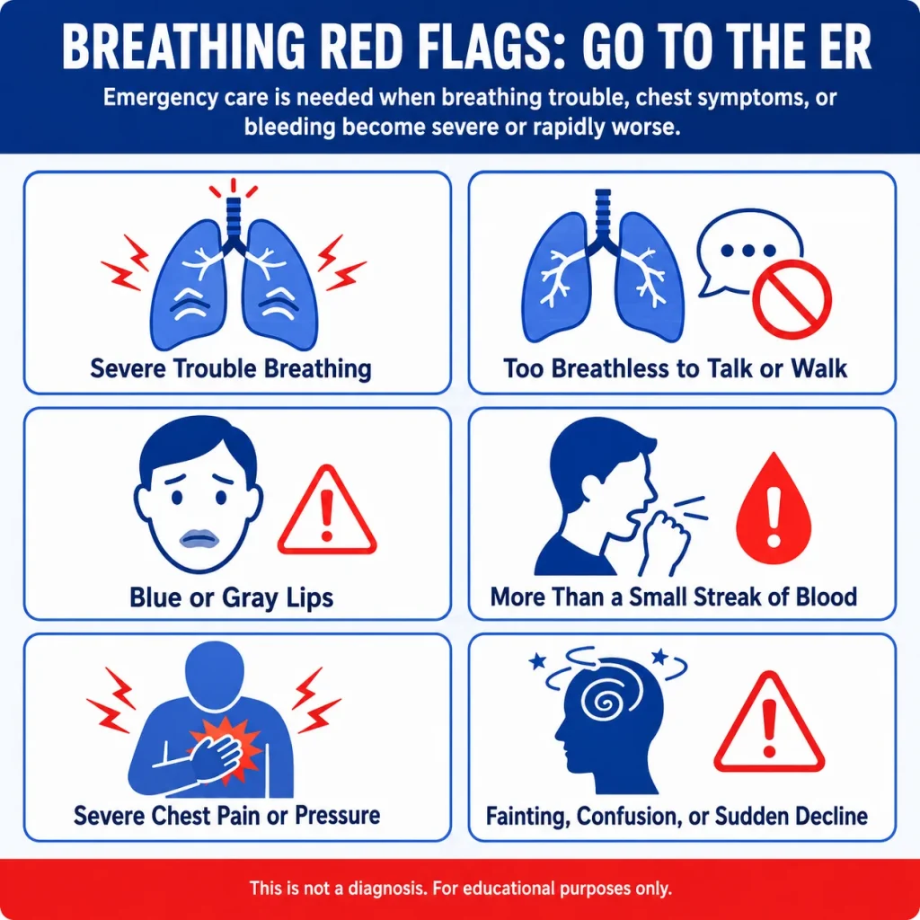 Lung Cancer Symptoms: Persistent Cough, Chest Symptoms, and When Breathing Problems Need Emergency Care 3 Emergency breathing red flags requiring ER evaluation, including severe breathing difficulty, breathlessness that prevents talking or walking, blue or gray lips, coughing up blood, severe chest pain, fainting, and confusion.