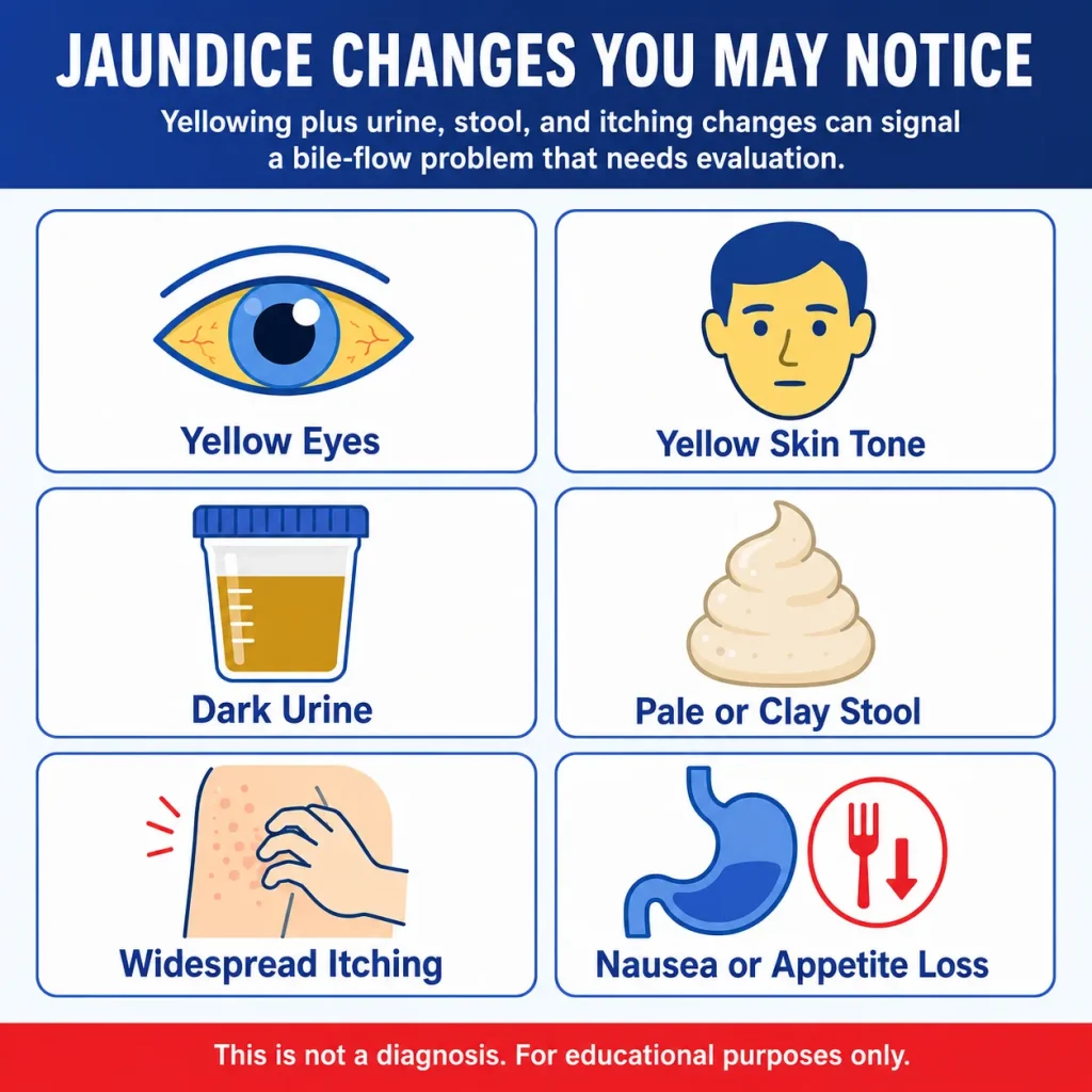 Pancreatic Cancer Symptoms: Jaundice, Back Pain, Stomach Pain, and ER Warning Signs 2 Jaundice and pancreatic cancer warning signs, including yellow eyes or skin, dark urine, pale or clay-colored stool, widespread itching, nausea, and appetite loss.