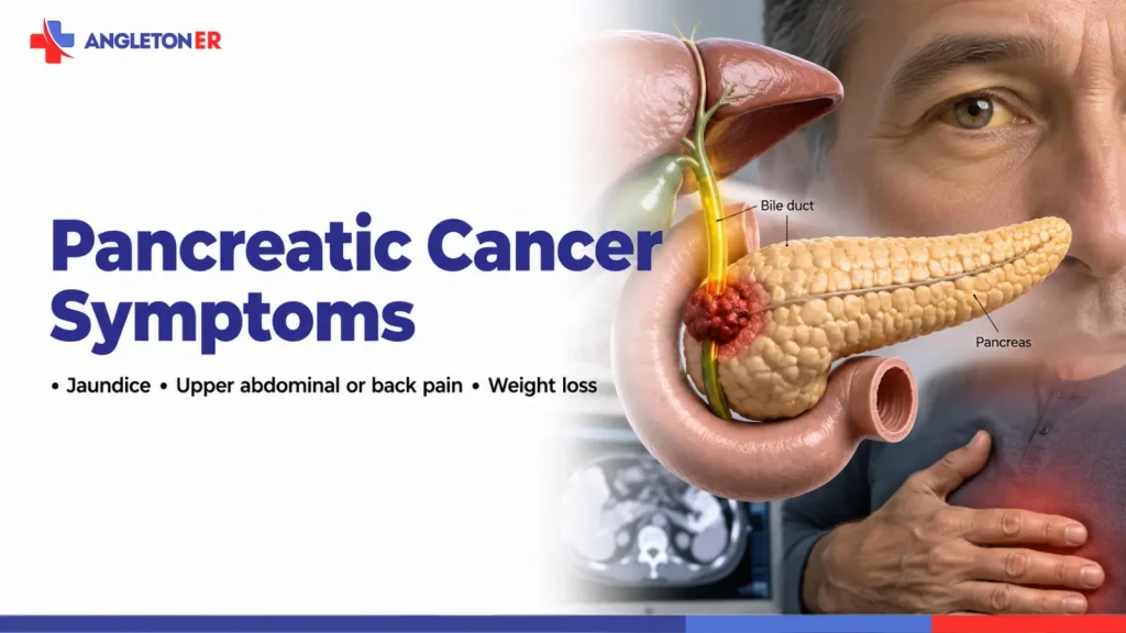 Pancreatic Cancer Symptoms: Jaundice, Back Pain, Stomach Pain, and ER Warning Signs 6 Pancreatic cancer symptoms featured image showing a pancreatic tumor and jaundice, highlighting upper abdominal or back pain and unexplained weight loss.
