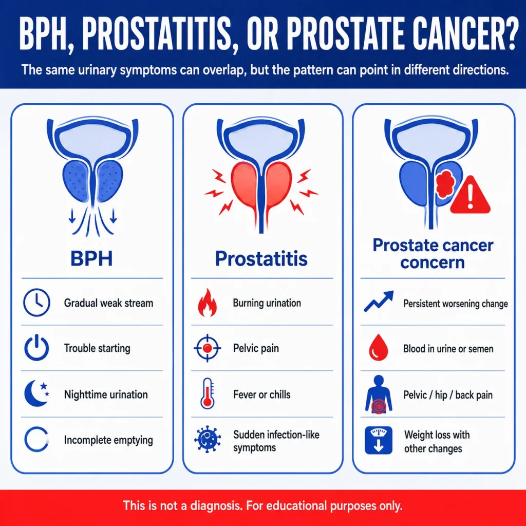 Prostate Cancer Symptoms vs BPH or Prostatitis: Urinary Warning Signs Men Should Know 2 Comparison of BPH, prostatitis, and prostate cancer symptoms, including urinary changes, burning urination, pelvic pain, fever, blood in urine or semen, back pain, and unexplained weight loss.