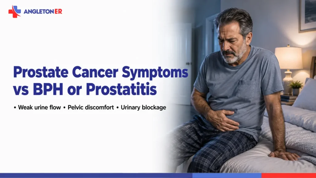 Prostate Cancer Symptoms vs BPH or Prostatitis: Urinary Warning Signs Men Should Know 5 Prostate cancer symptoms versus BPH or prostatitis featured image showing a man with pelvic discomfort, weak urine flow, and possible urinary blockage.