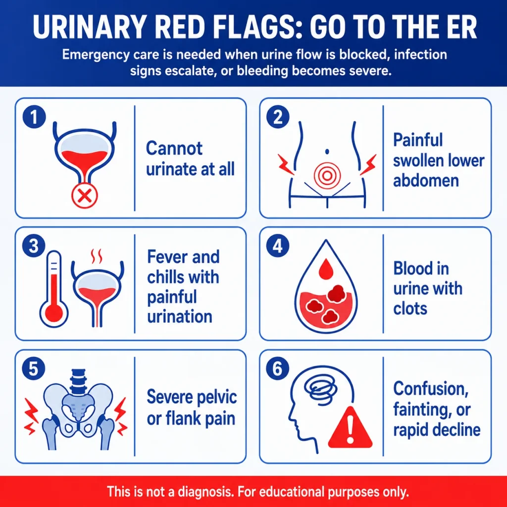Prostate Cancer Symptoms vs BPH or Prostatitis: Urinary Warning Signs Men Should Know 3 Urinary emergency warning signs requiring ER care, including inability to urinate, a painful swollen lower abdomen, fever and chills with painful urination, blood clots in urine, severe pelvic or flank pain, confusion, fainting, or rapid decline.