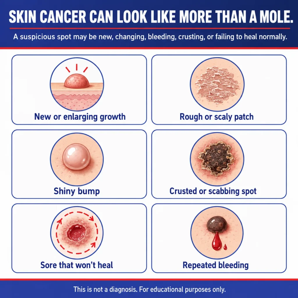 Skin Cancer Warning Signs: Suspicious Moles, Bleeding Spots, and Skin Changes to Check 2 Skin cancer warning signs beyond a changing mole, including a new or enlarging growth, rough scaly patch, shiny bump, crusted spot, sore that will not heal, and repeated bleeding.