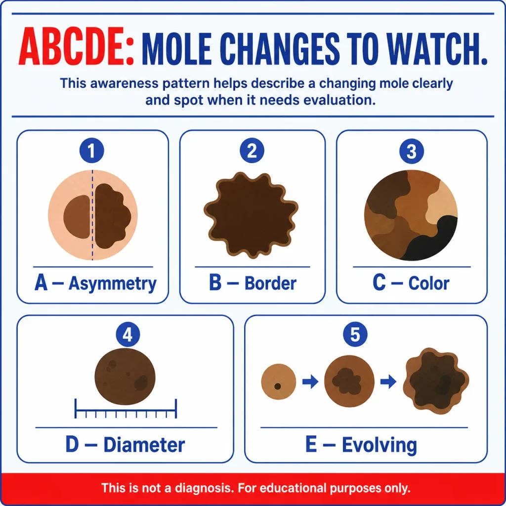 Skin Cancer Warning Signs: Suspicious Moles, Bleeding Spots, and Skin Changes to Check 3 ABCDE skin cancer warning signs for changing moles: asymmetry, irregular borders, uneven color, increasing diameter, and evolving size, shape, or appearance.