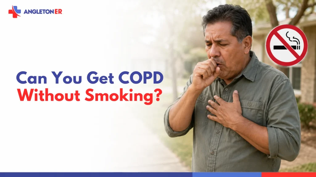 Man coughing beside a no-smoking symbol, illustrating COPD in non-smokers and causes of COPD without smoking.