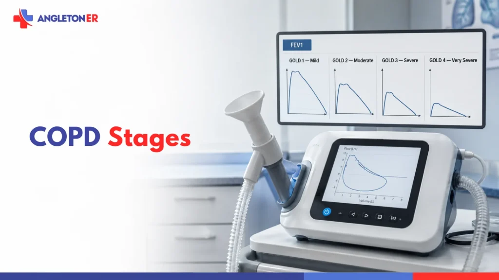 COPD stages illustrated with spirometry testing and FEV1 charts showing mild, moderate, severe, and very severe airflow limitation.