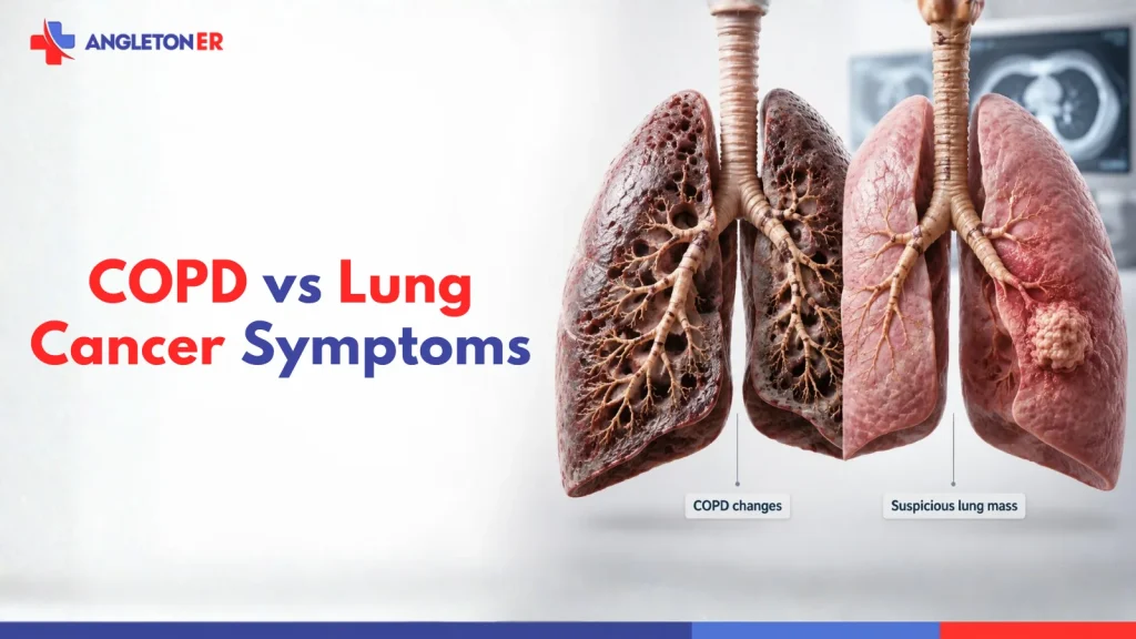 COPD vs lung cancer symptoms illustration comparing COPD-related lung damage with a suspicious lung mass.