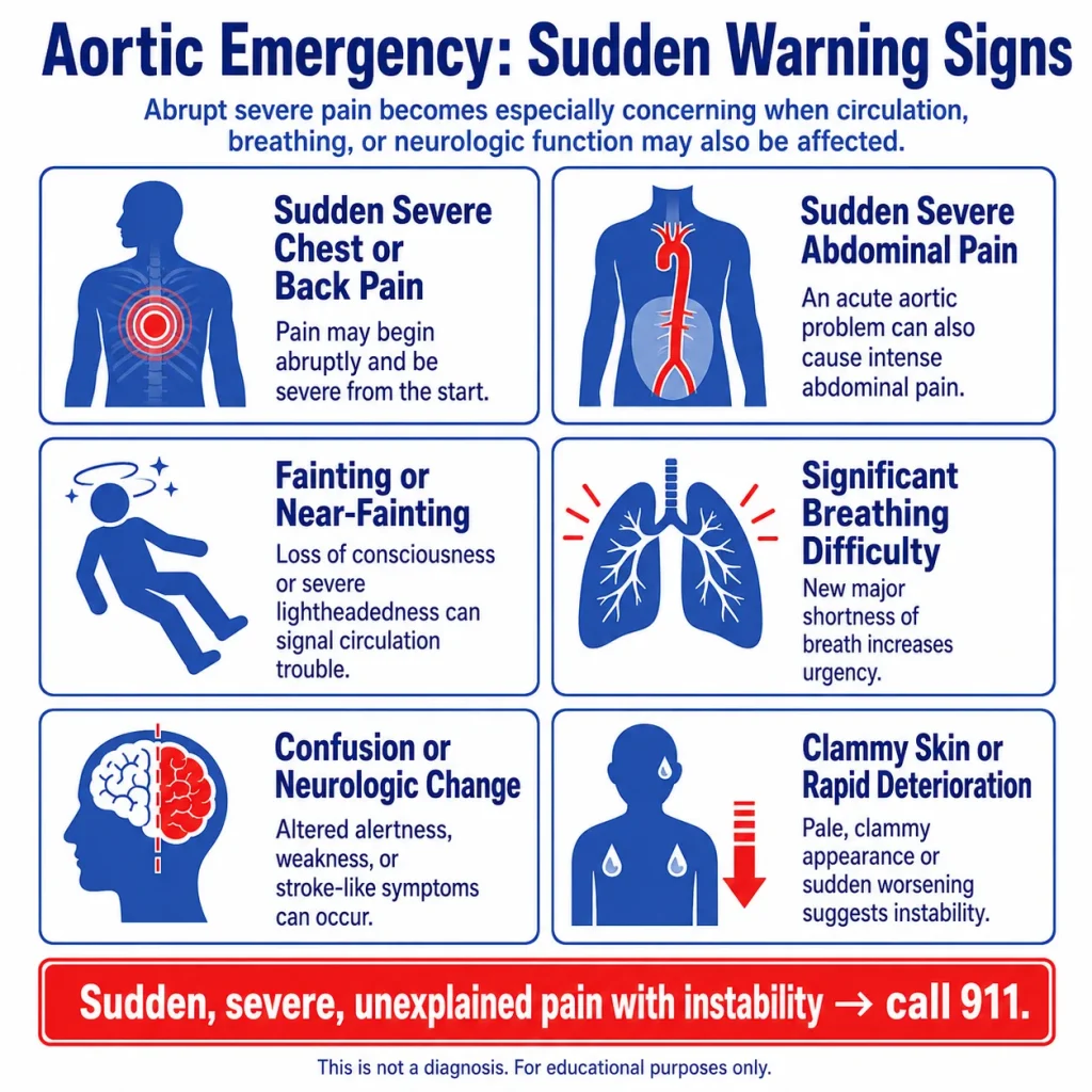 Aortic Dissection or Rupture: Sudden Warning Signs That Require Emergency Care 1 Aortic dissection or rupture warning signs infographic showing sudden severe chest, back, or abdominal pain, fainting, breathing difficulty, neurologic changes, and clammy skin.