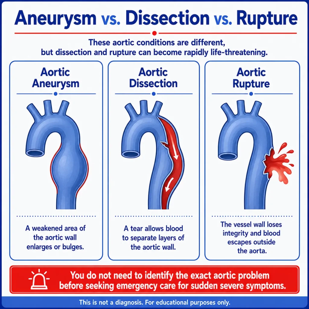 Aortic Dissection or Rupture: Sudden Warning Signs That Require Emergency Care 2 Aortic dissection or rupture infographic comparing aortic aneurysm, dissection, and rupture and showing how each condition affects the wall of the aorta.