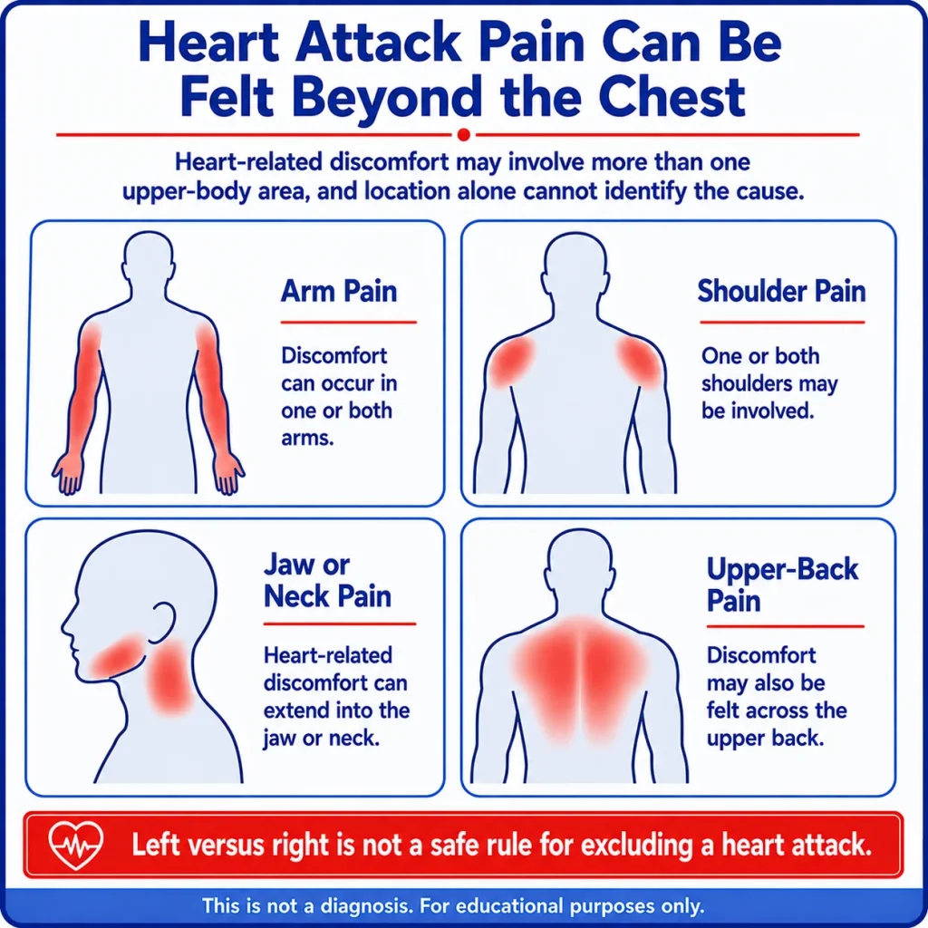 Arm, Shoulder, Jaw, or Back Pain: When Could It Be a Heart Attack? 1 Heart attack pain infographic showing discomfort that can spread beyond the chest to the arms, shoulders, jaw, neck, and upper back.