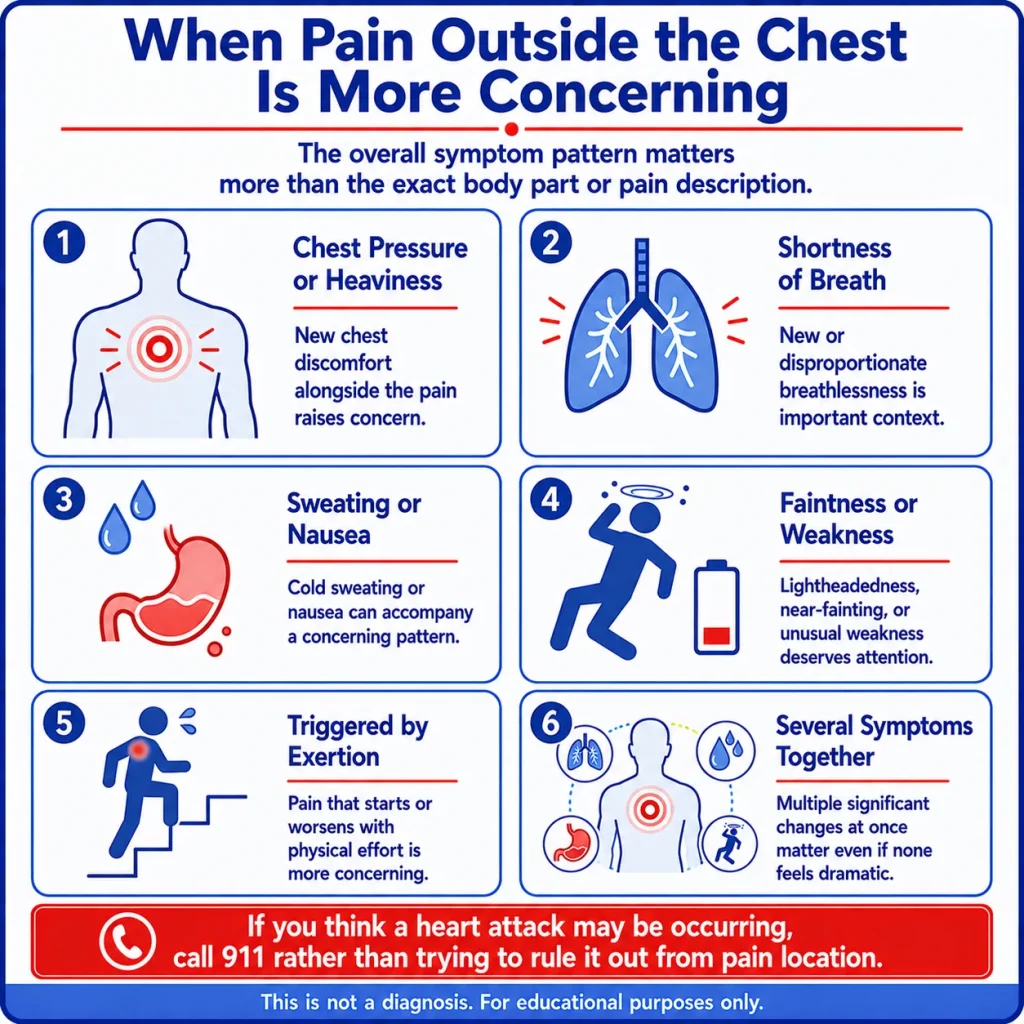 Arm, Shoulder, Jaw, or Back Pain: When Could It Be a Heart Attack? 2 Heart attack warning signs infographic showing when arm, shoulder, jaw, or back pain is more concerning, especially with chest pressure, shortness of breath, sweating, nausea, weakness, exertion, or multiple symptoms together.