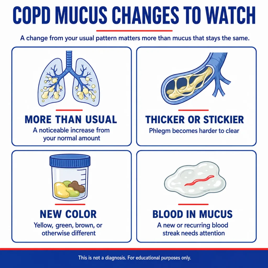 Infographic about COPD phlegm and mucus changes to watch, including more mucus than usual, thicker or stickier phlegm, new mucus color, and blood in mucus.