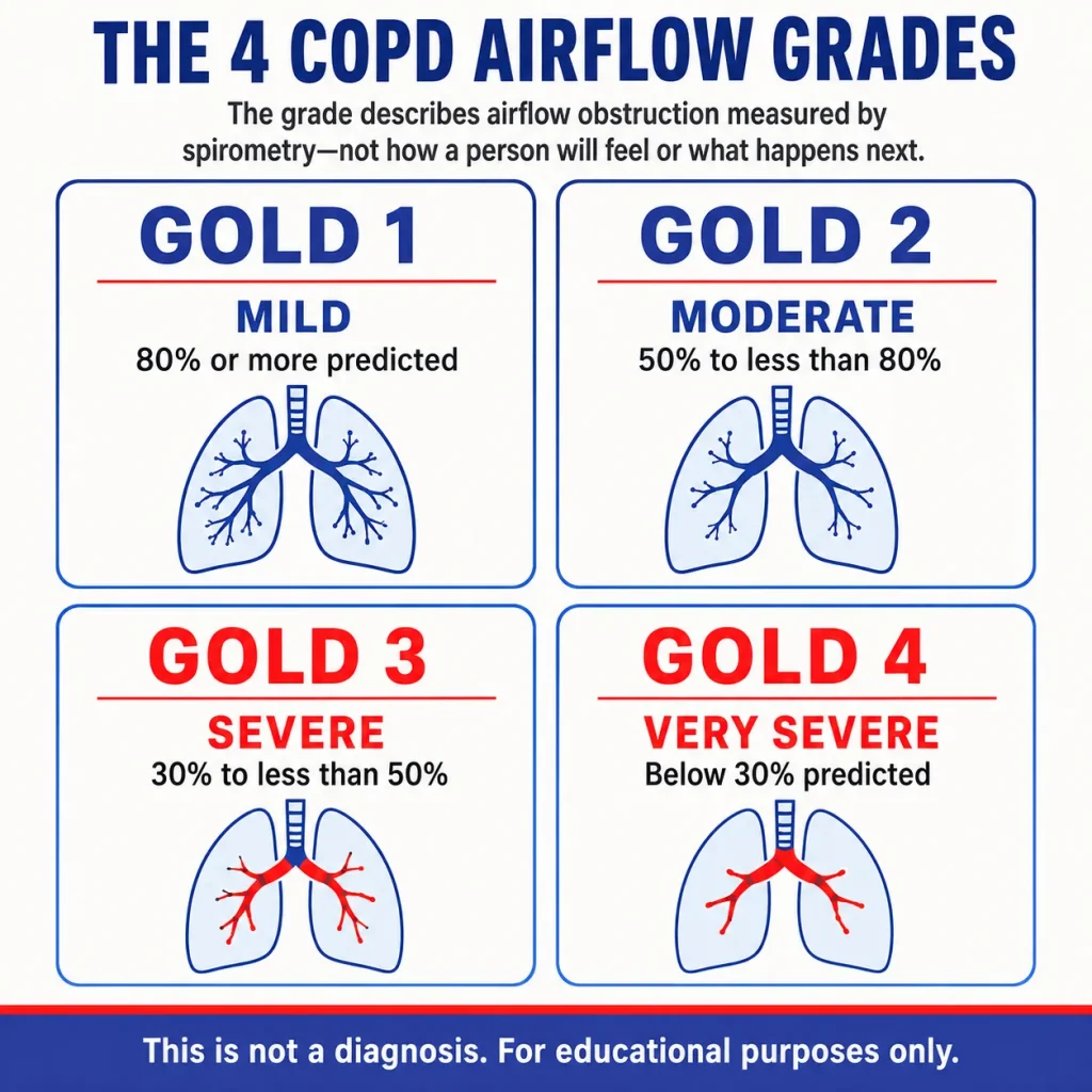 COPD stages infographic showing the four GOLD airflow grades from mild to very severe, based on spirometry-predicted lung function percentages.
