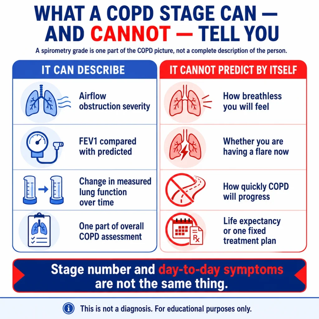 COPD stages infographic explaining what spirometry grades can describe, including airflow obstruction and FEV1, and what they cannot predict, such as breathlessness, flare-ups, disease progression, or life expectancy.