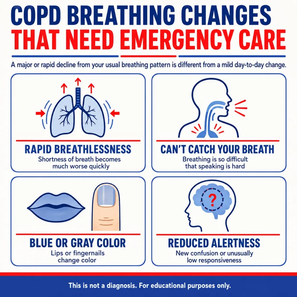 Infographic about COPD symptoms and early warning signs showing breathing changes that need emergency care, including rapid breathlessness, inability to catch your breath, blue or gray lips or fingernails, and reduced alertness.