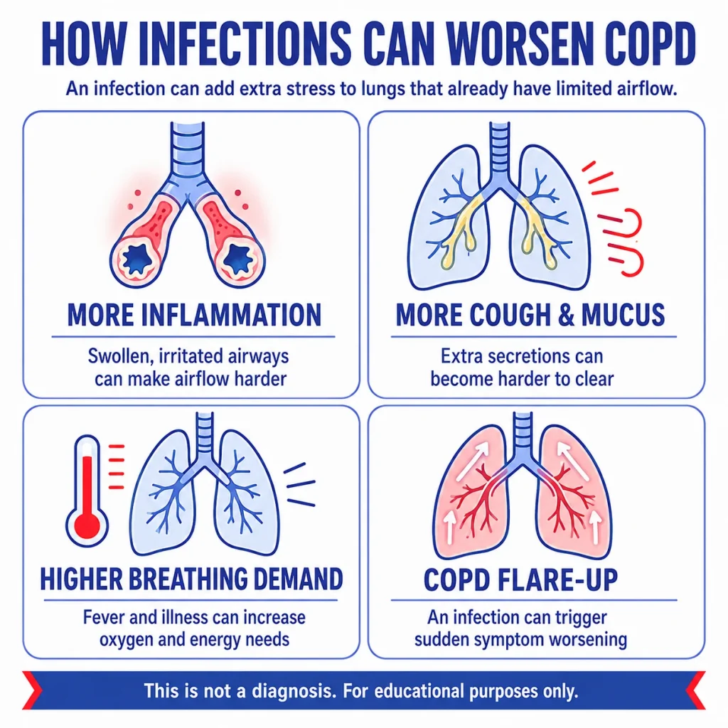 COPD and pneumonia infographic showing how respiratory infections can worsen COPD through airway inflammation, increased cough and mucus, higher breathing demand, and COPD flare-ups.