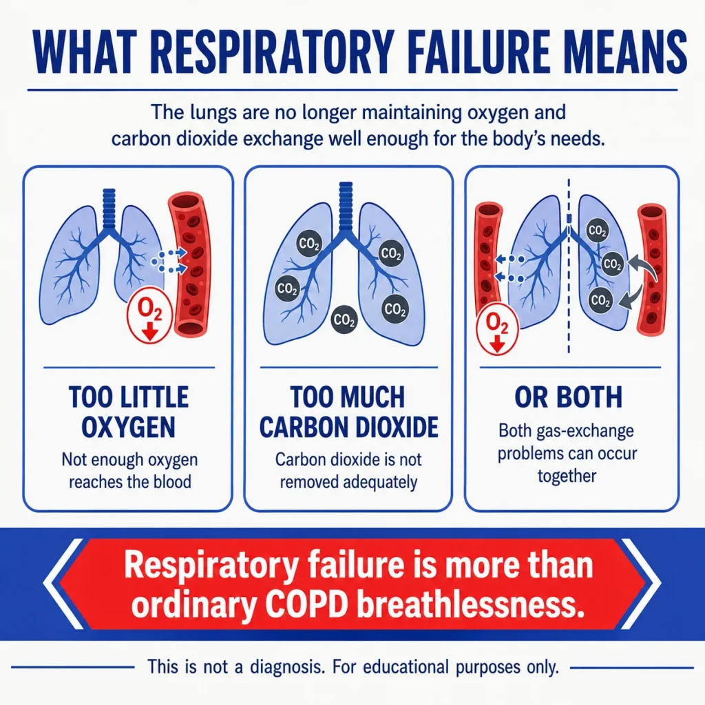COPD and respiratory failure infographic explaining low blood oxygen, excess carbon dioxide, and combined gas-exchange problems in the lungs.