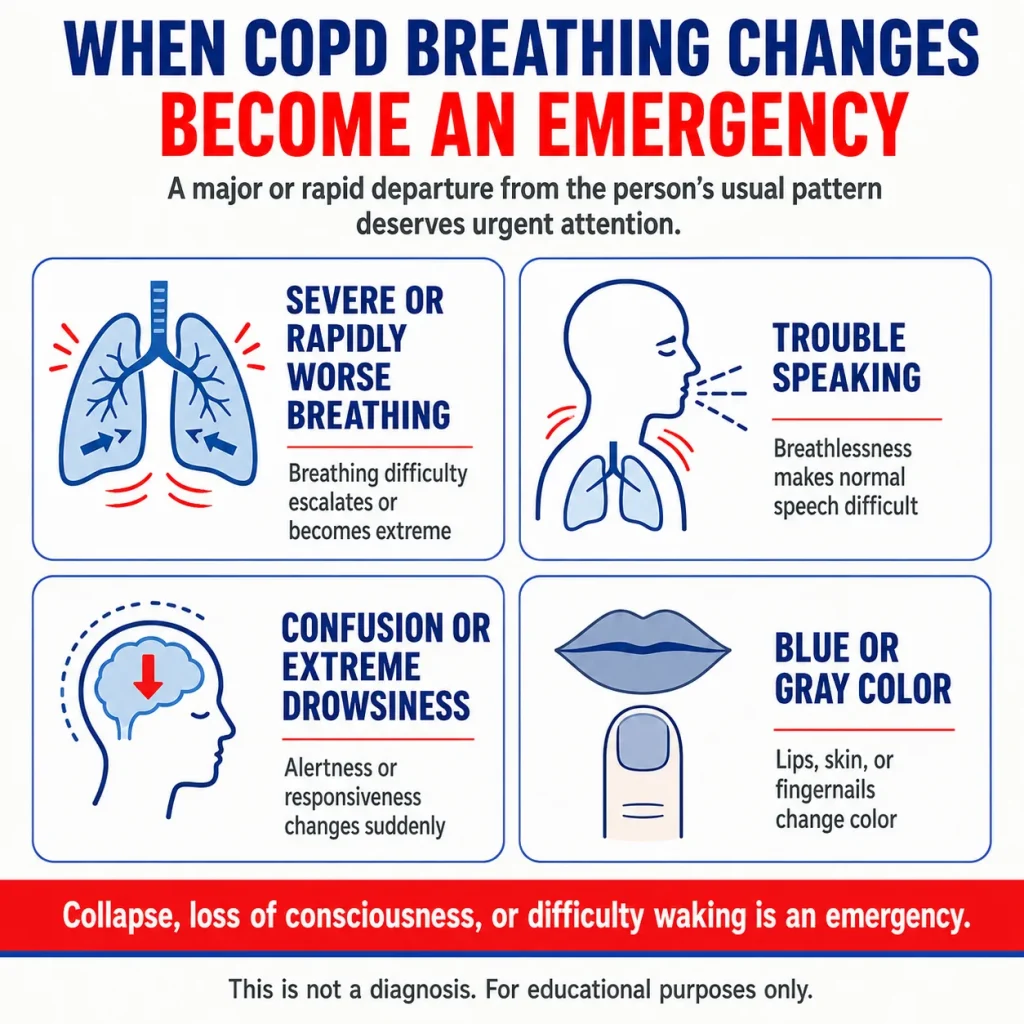COPD and respiratory failure infographic showing emergency warning signs including rapidly worsening breathing, trouble speaking, confusion or extreme drowsiness, and blue or gray lips, skin, or fingernails.