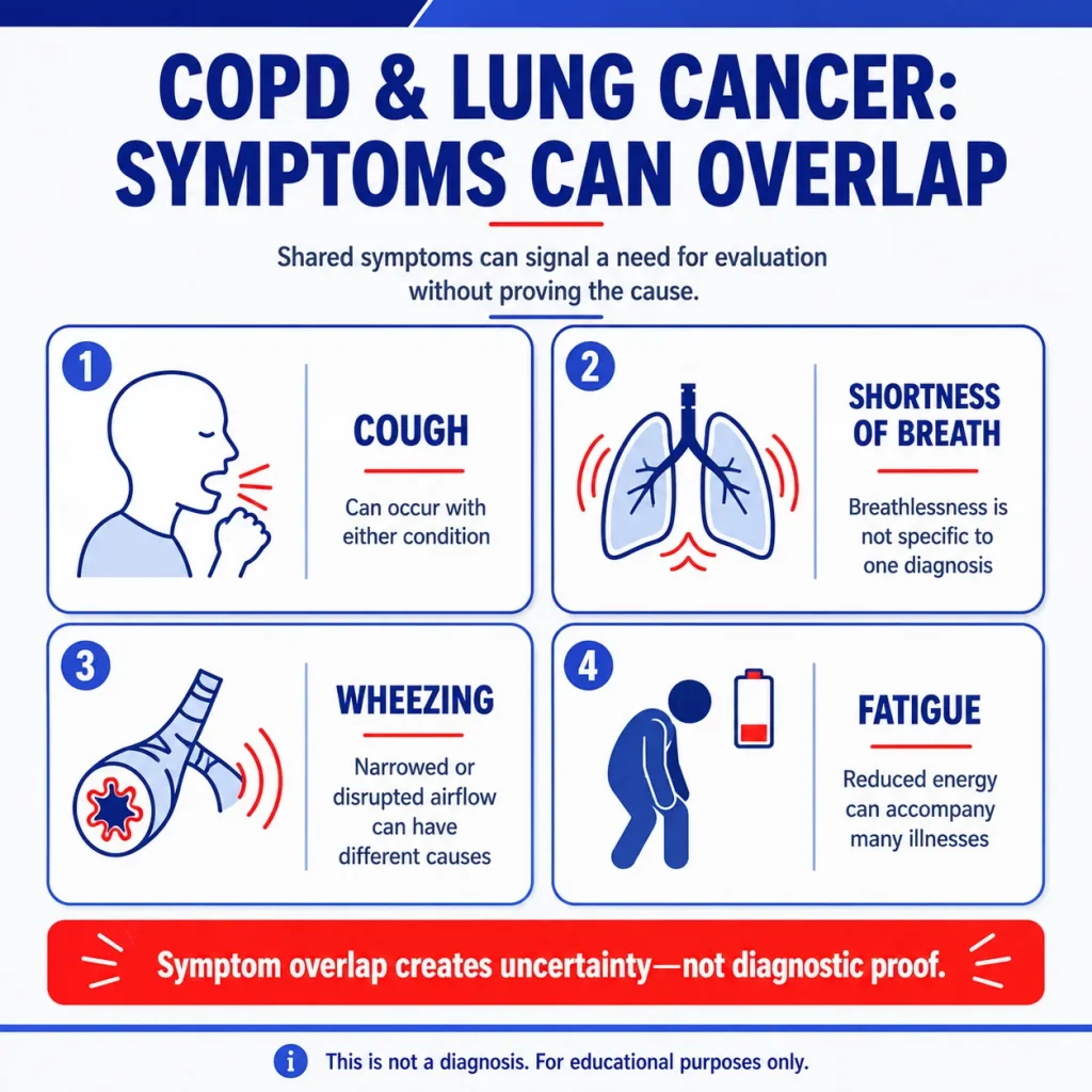 COPD vs lung cancer symptoms infographic showing overlapping signs including cough, shortness of breath, wheezing, and fatigue.