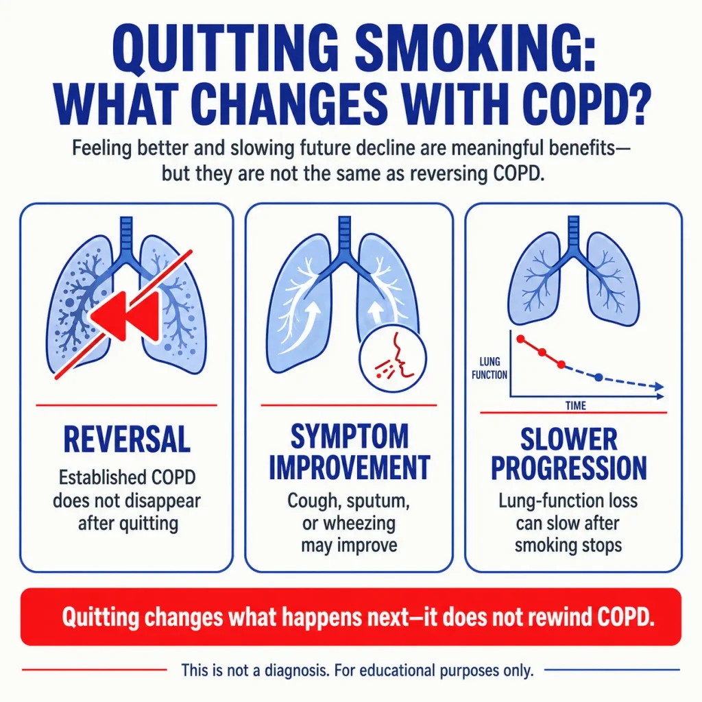 COPD and quitting smoking infographic explaining that COPD cannot be reversed after quitting, but symptoms may improve and lung-function decline can slow.