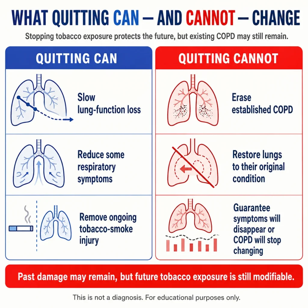 COPD and quitting smoking infographic showing that quitting can slow lung-function loss, reduce respiratory symptoms, and prevent further tobacco damage but cannot reverse established COPD.