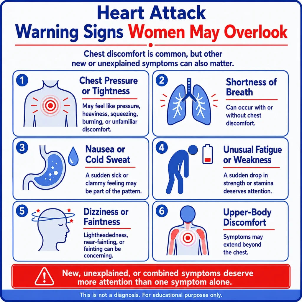 Heart Attack Symptoms in Women: Warning Signs That Can Be Easy to Miss 1 Heart attack symptoms in women infographic showing chest pressure, shortness of breath, nausea, cold sweat, fatigue, dizziness, and upper-body discomfort.