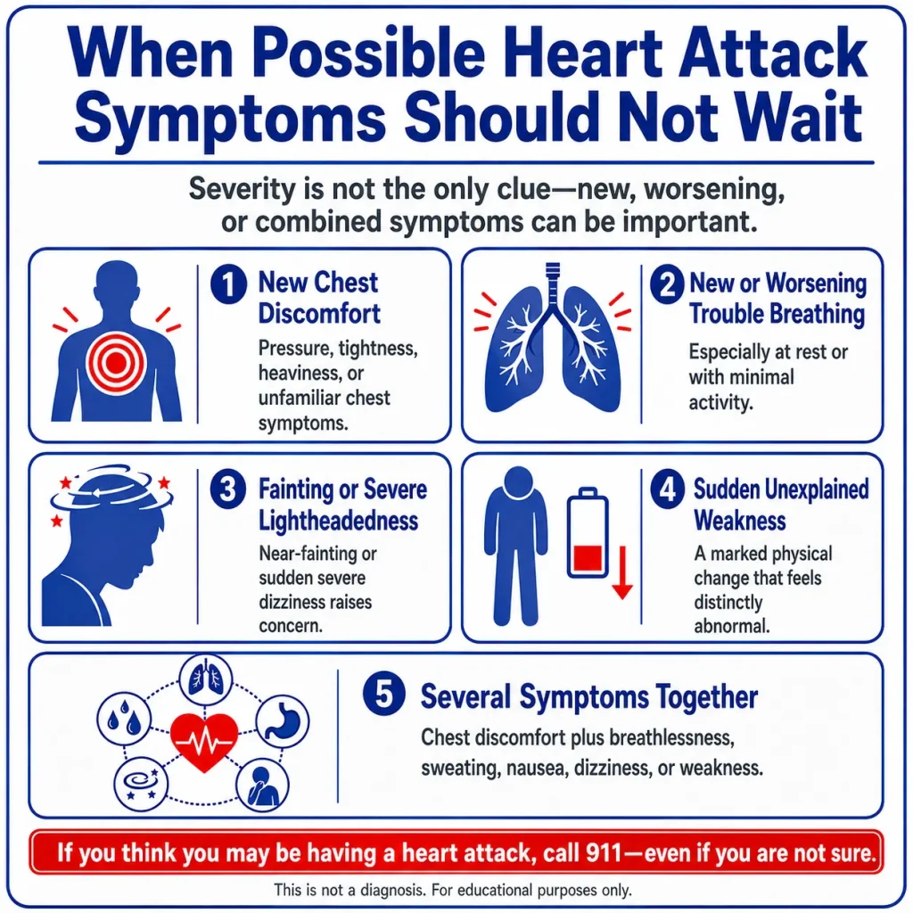 Heart Attack Symptoms in Women: Warning Signs That Can Be Easy to Miss 2 Heart attack symptoms in women infographic showing chest discomfort, trouble breathing, severe dizziness, unexplained weakness, and multiple warning signs that may require emergency care.