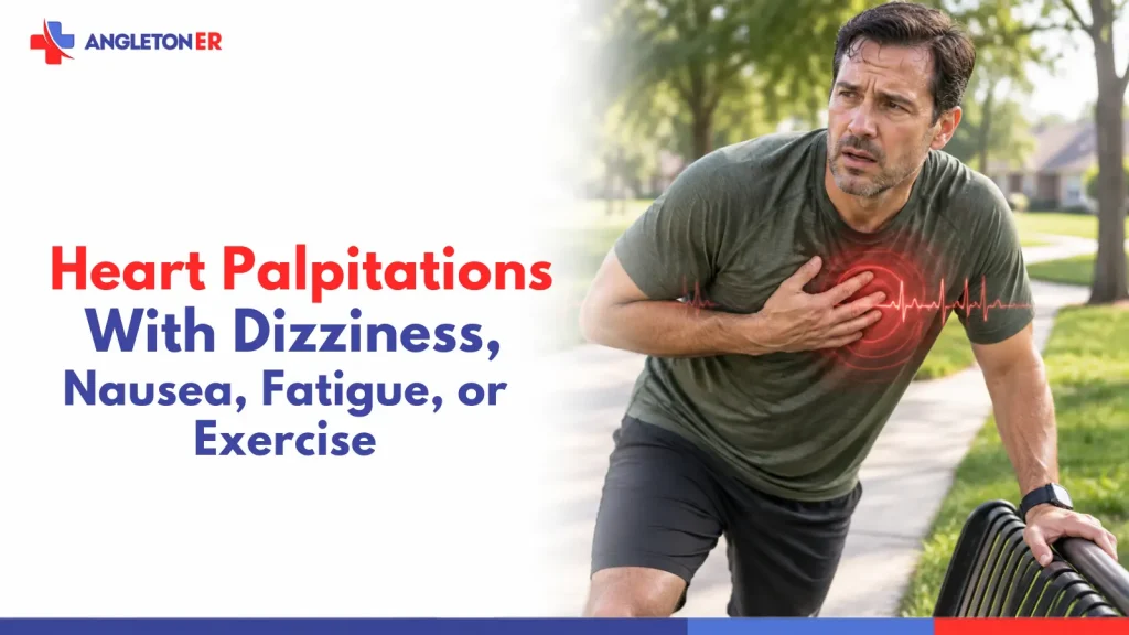 Heart palpitations with dizziness, nausea, fatigue, or exercise featured image showing a man experiencing chest discomfort and possible palpitations during physical activity.