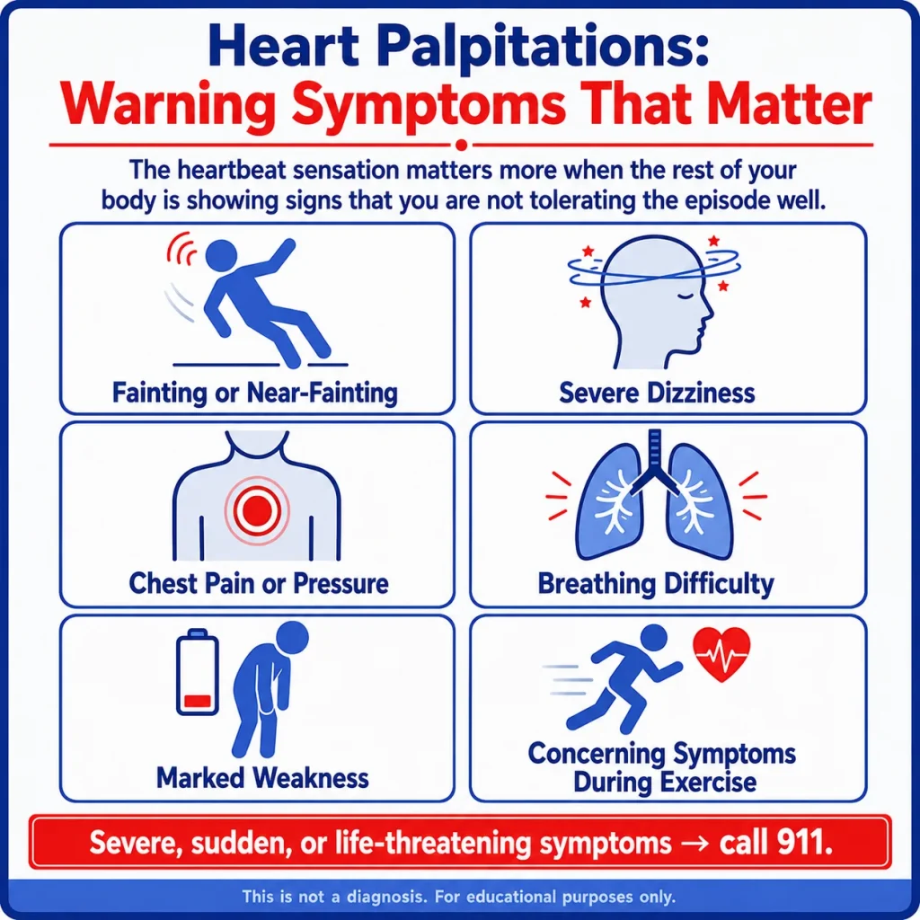 Heart Palpitations With Dizziness, Nausea, Fatigue, or Exercise: When to Get Checked 2 Infographic on heart palpitations warning symptoms, showing fainting or near-fainting, severe dizziness, chest pain or pressure, breathing difficulty, marked weakness, and concerning symptoms during exercise.