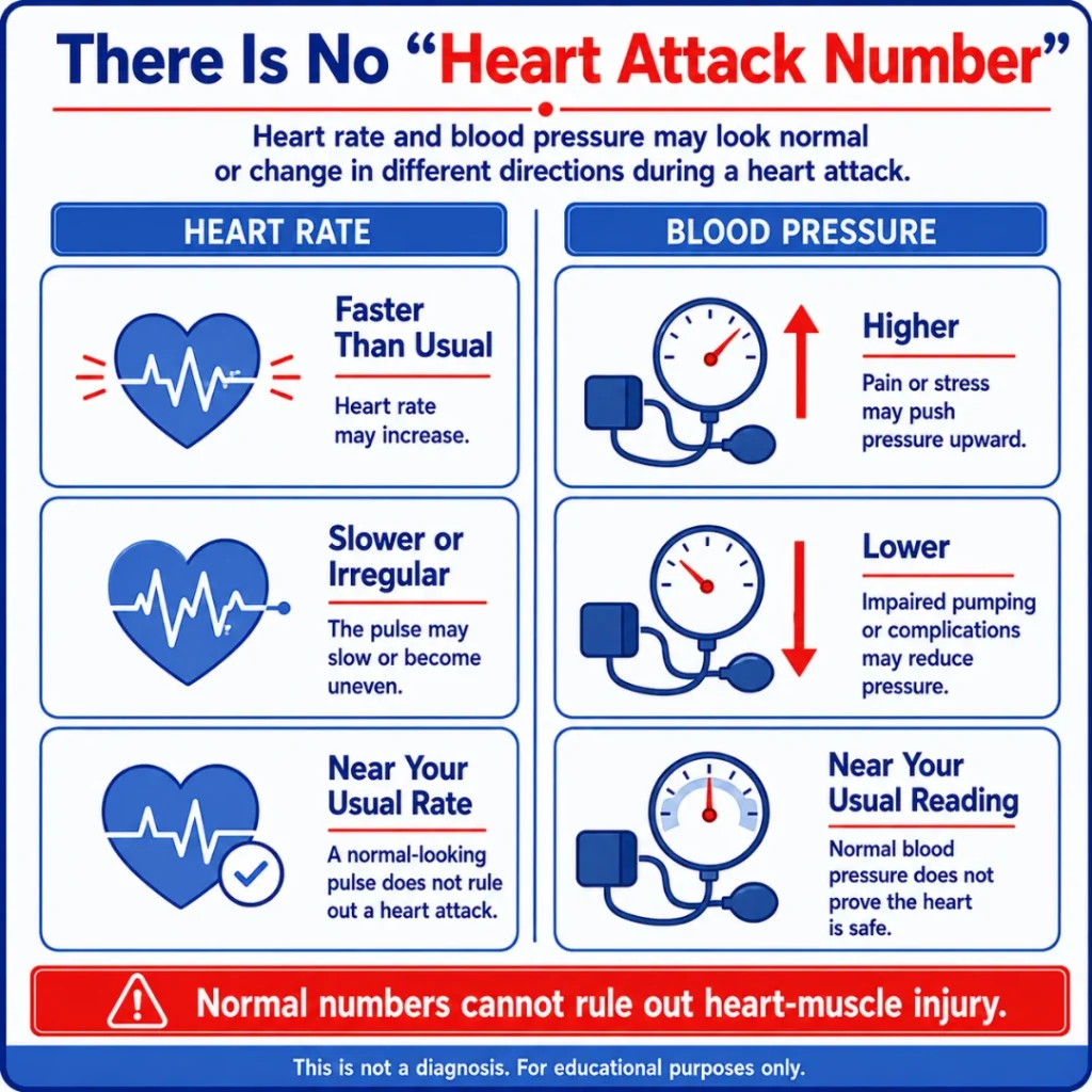 Heart Rate and Blood Pressure During a Heart Attack: Can Normal Numbers Rule It Out? 1 Heart rate and blood pressure during a heart attack infographic showing heart rate can be faster, slower, irregular, or normal, while blood pressure may be higher, lower, or near usual.