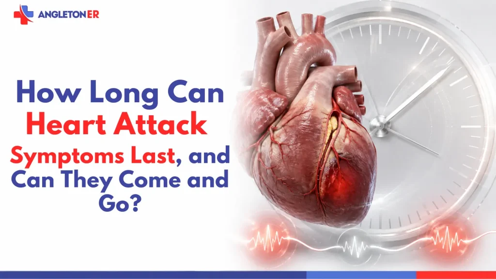 Heart attack symptoms featured image showing a heart, clock, and ECG pattern to illustrate how symptoms may last, improve, or come and go over time.