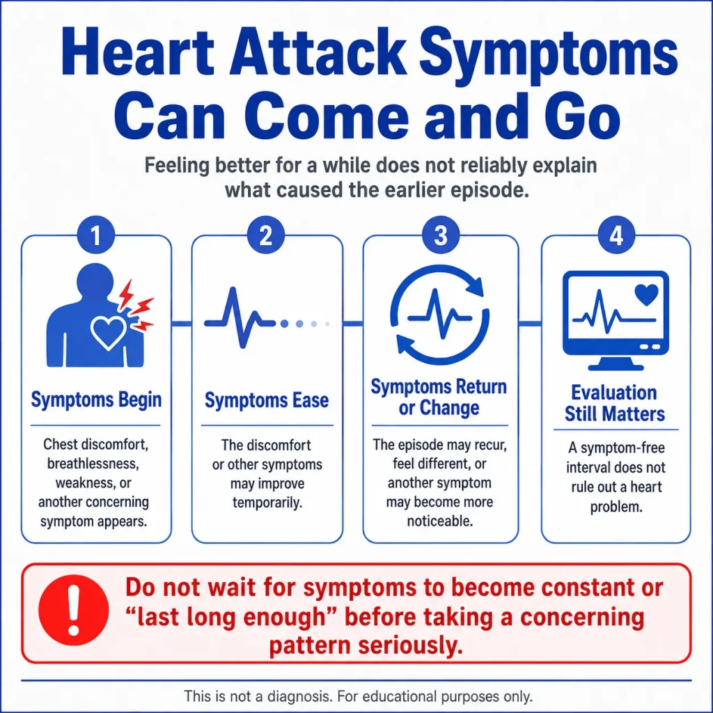 Infographic explaining how long heart attack symptoms can last, showing symptoms that begin, ease temporarily, return or change, and still require medical evaluation.