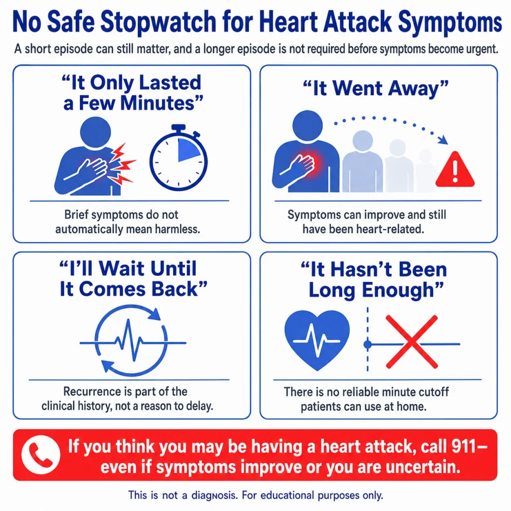 Infographic about how long heart attack symptoms can last, explaining that brief, fading, or recurring chest pain symptoms can still be serious and may require calling 911.