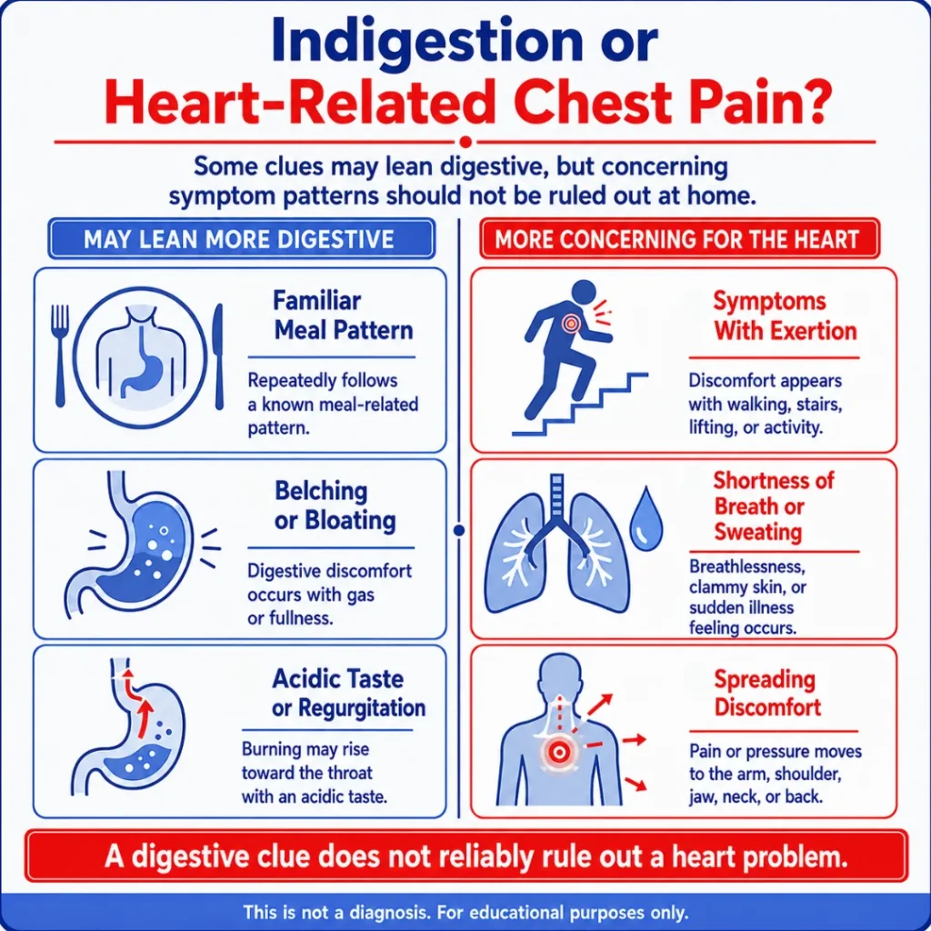 Infographic comparing indigestion and heart-related chest pain, including digestive clues such as belching and acid reflux and warning signs like exertional chest pain, shortness of breath, sweating, and spreading discomfort.