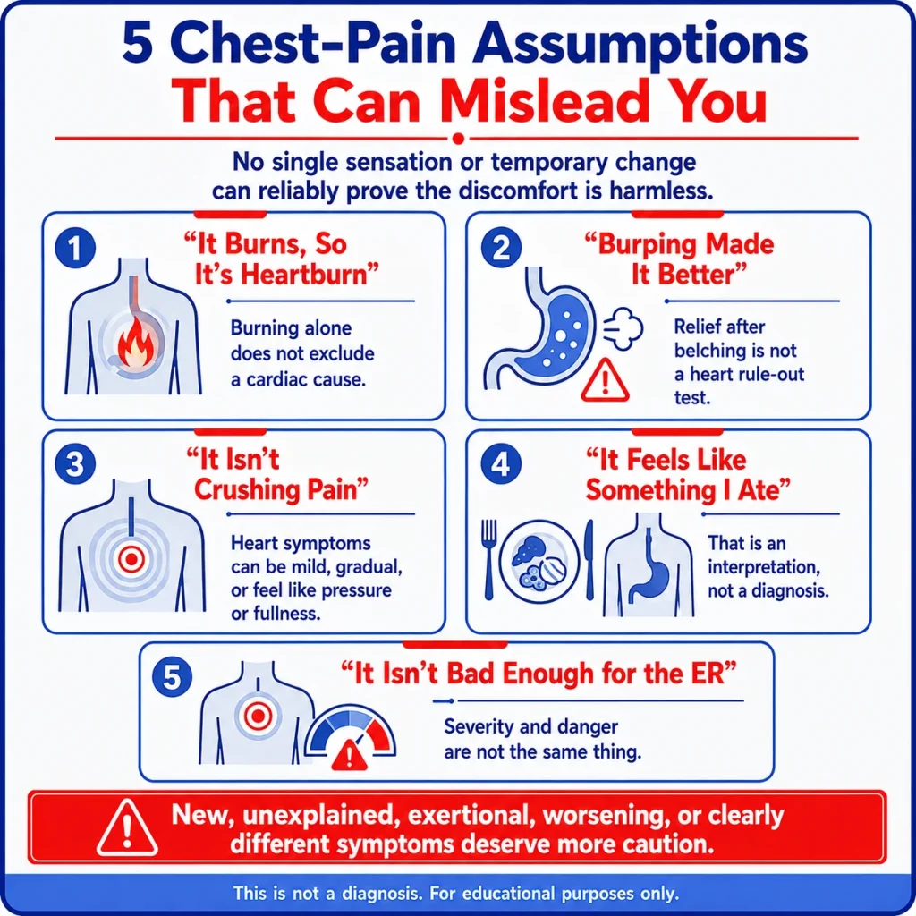 Infographic explaining five misleading assumptions about indigestion or heart-related chest pain, including burning, burping relief, mild pressure, food-related discomfort, and symptoms that may still require emergency evaluation.