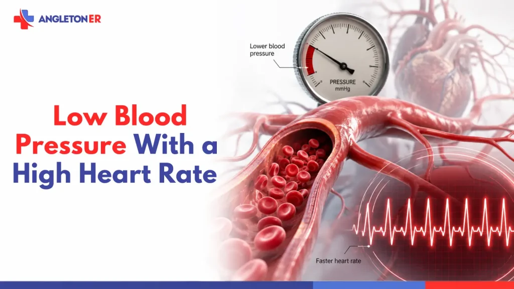 Low blood pressure with a high heart rate illustration showing reduced blood pressure, rapid heartbeat, blood flow, and cardiovascular changes.