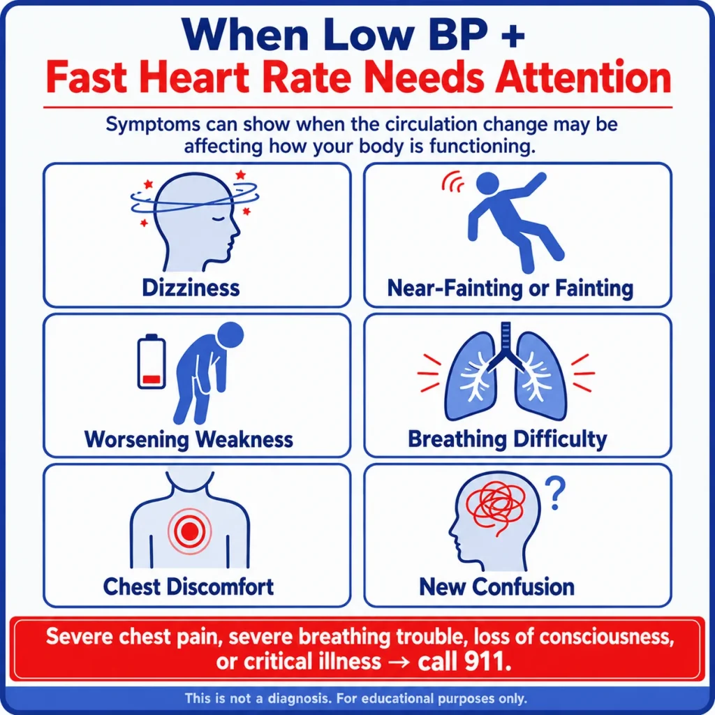 Low blood pressure with a high heart rate infographic showing dizziness, fainting, weakness, breathing difficulty, chest discomfort, and confusion.