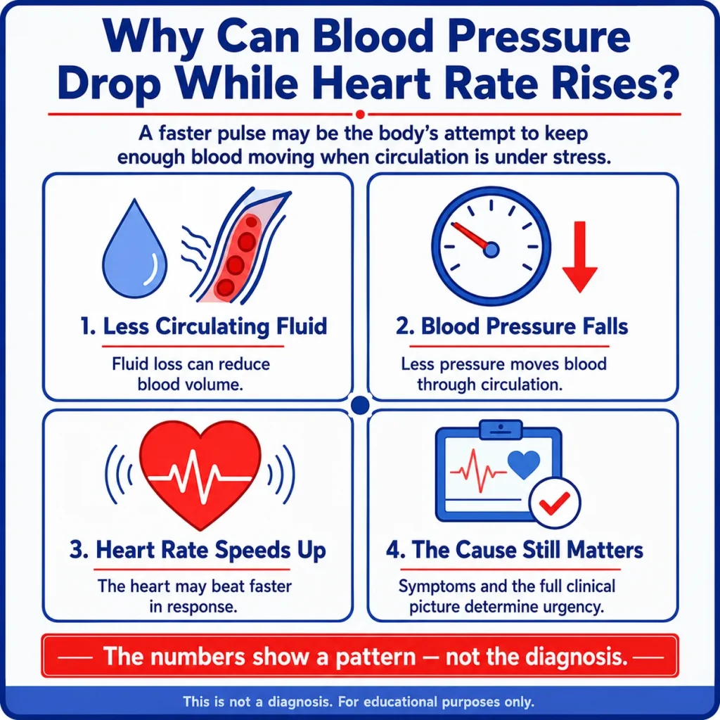 Infographic explaining why low blood pressure with a high heart rate can happen, showing less circulating fluid, falling blood pressure, faster heart rate, and why the underlying cause still matters.