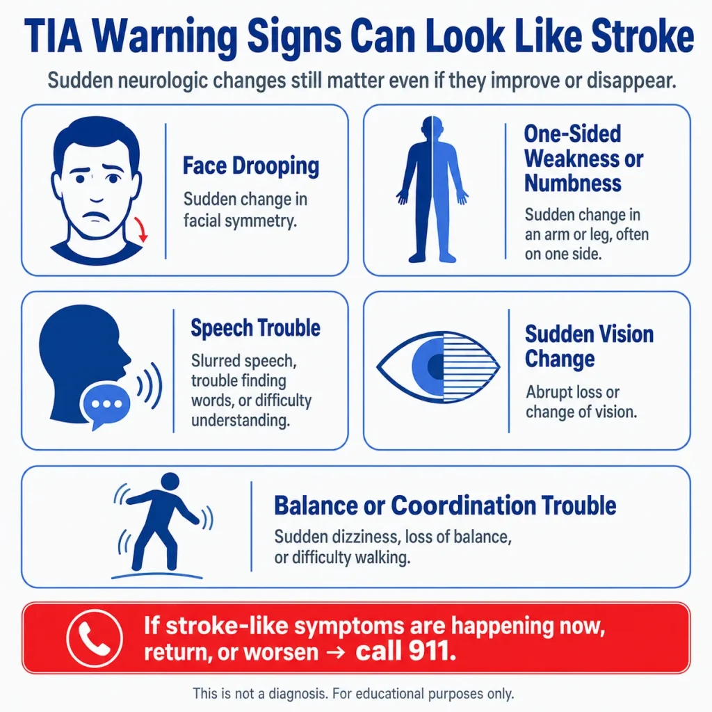Mini-Stroke (TIA) Symptoms: Why Symptoms That Go Away Can Still Be an Emergency 1 Mini-stroke TIA symptoms infographic showing face drooping, one-sided weakness or numbness, speech trouble, sudden vision changes, and balance or coordination problems.