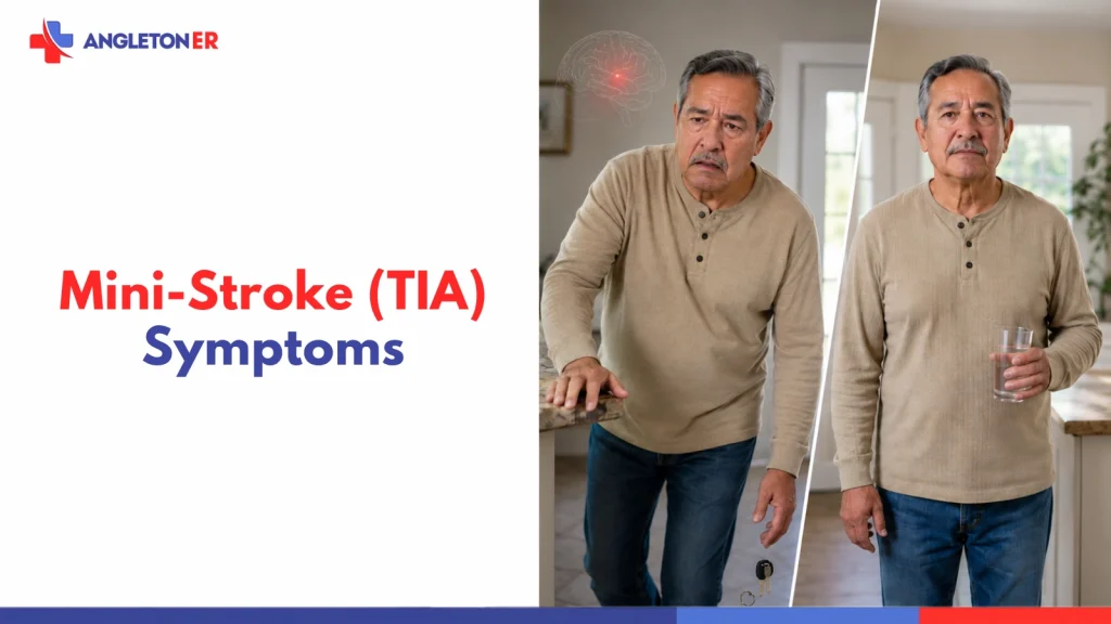 Mini-stroke (TIA) symptoms illustrated by an older adult experiencing sudden neurologic changes that improve, showing why temporary symptoms can still require emergency evaluation.