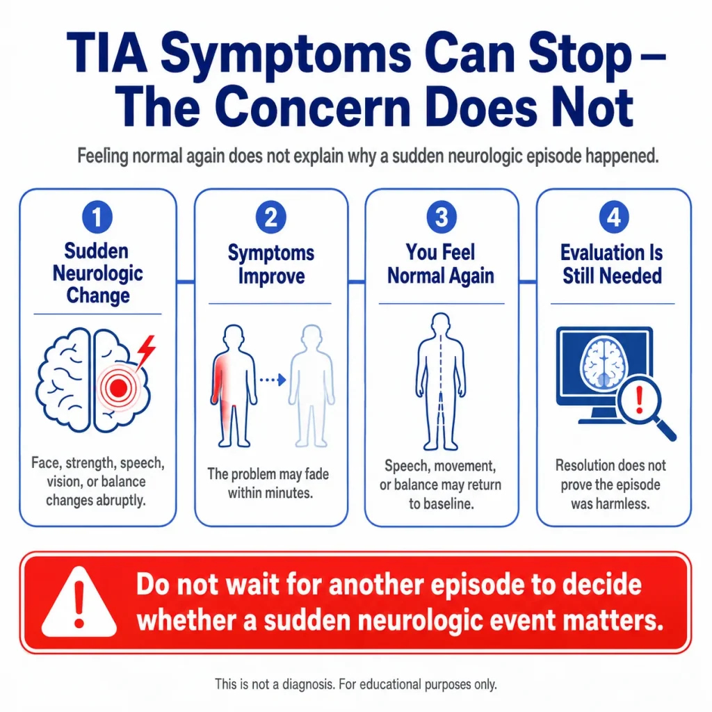 Mini-Stroke (TIA) Symptoms: Why Symptoms That Go Away Can Still Be an Emergency 2 Mini-stroke TIA symptoms infographic showing sudden neurologic changes that may improve or disappear, while emphasizing that medical evaluation is still needed.