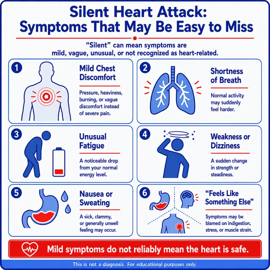Silent heart attack symptoms infographic showing mild chest discomfort, shortness of breath, unusual fatigue, weakness or dizziness, nausea or sweating, and subtle symptoms that may be mistaken for indigestion or stress.