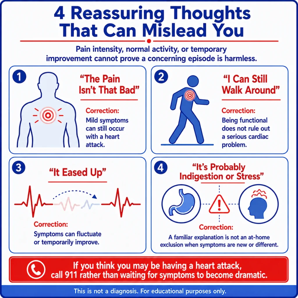 Silent heart attack infographic explaining misleading assumptions, including mild pain, being able to walk, temporary symptom relief, and mistaking symptoms for indigestion or stress.